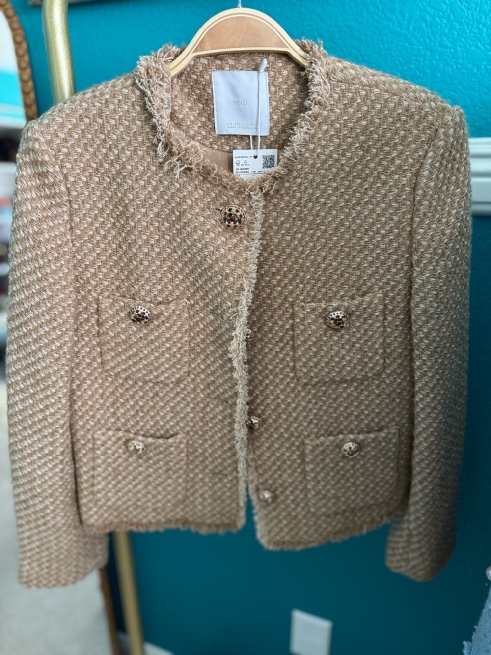 Mango Beige Tweed Fringe Cropped Jacket